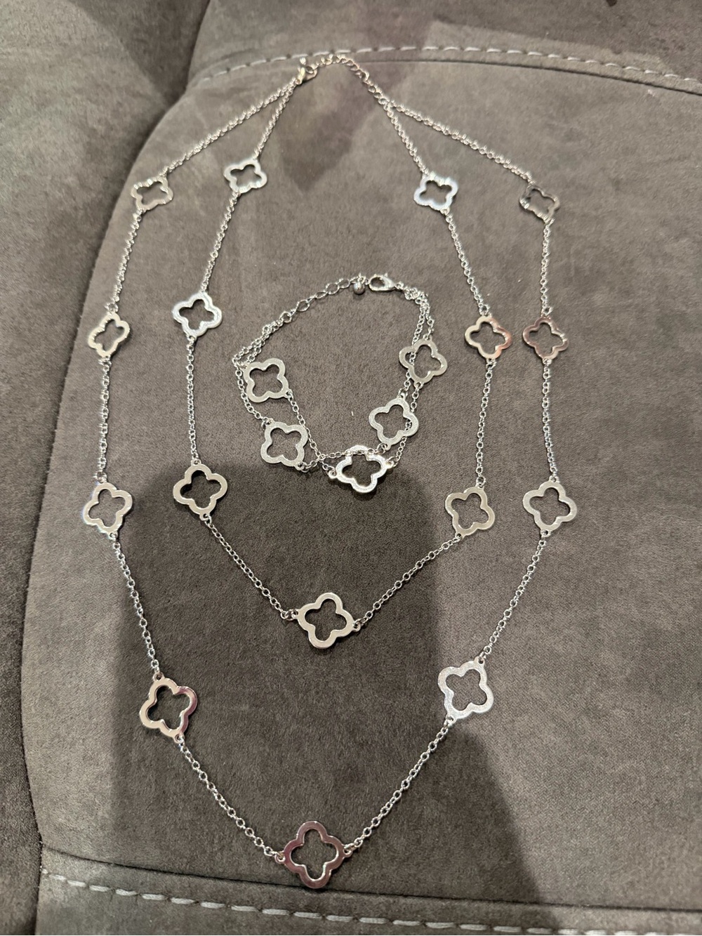 Silver Clover-Station Long Necklace with Matching Bracelet